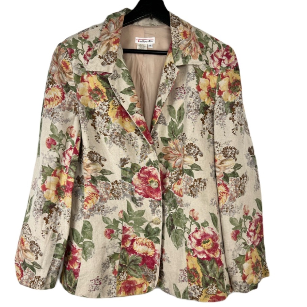 Talbots Vintage 100% Linen Blazer size 8 Tan Floral Cottagecore Spring Romantic